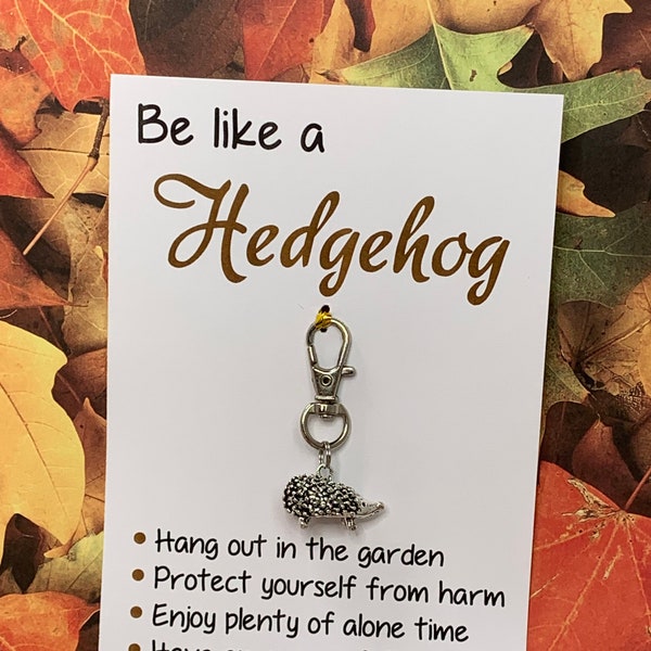 Animal Jewelry: Inspirational "Be Like a Hedgehog" Card with 3D Antique Silver Hedgehog Charm on Iron Split Key Ring or Hook - Free Shipping