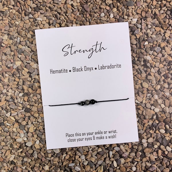 Strength Theme Wish Bracelet / Anklet with Natural Genuine Gemstones: 6mm Hematite, Black Onyx, and Labradorite Beads - Free Shipping