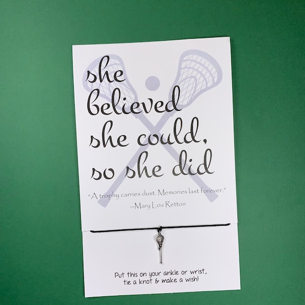 Sports Jewelry: Wish Bracelet or Anklet with Lacrosse Stick Charm on White "She Believed She Could So She Did" Card - Bulk Discount Prices