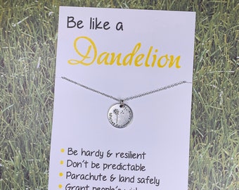 Nature Theme Necklace on Inspirational "Be Like a Dandelion" Card with Tibetan Flat Antique Silver “Wishes” Quote Charm - Free Shipping