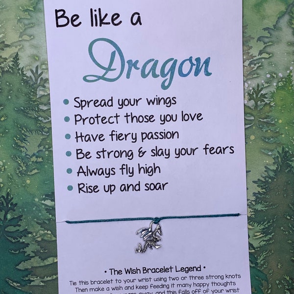 Mythical Jewelry: "Be Like a Dragon" Inspirational Saying Card w/ Antique Silver Metal Dragon Charm on Cotton Wish Bracelet - Free Shipping