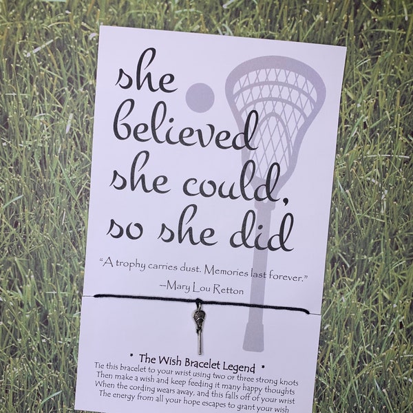 Sports Jewelry: Wish Bracelet or Anklet with Lacrosse Stick Charm on White "She Believed She Could So She Did" Card - Bulk Discount Prices