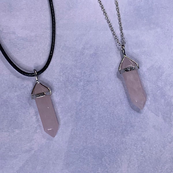 Genuine Gemstone/Crystal Bullet Shape Pendant Necklace: Natural Rose Quartz on Cord, Stainless Steel or Sterling Silver Chain, Free Shipping