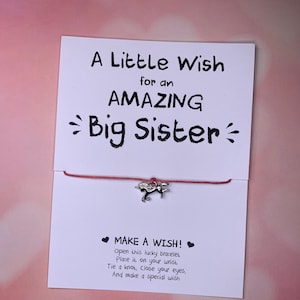 Little Girl Jewelry: Colored Cord Wish Bracelet with Acrylic Unicorn Charm on &quot;A Little Wish for an Amazing Big Sister&quot; Card - Free Shipping