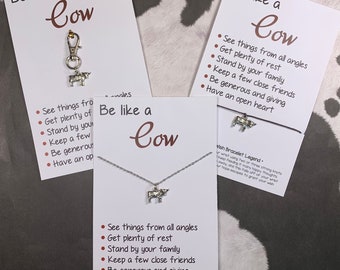 Animal Jewelry: Inspirational "Be Like a Cow" Card w/ Antique Silver Cow Charm on Necklace, Earrings, Keychain or Bracelet - Free Shipping