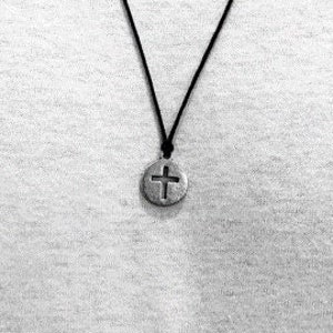 Masculine / Unisex Antique Silver or Bronze Cross Charm Necklace on Stainless Steel Chain or Black Cotton Cord (Adjustable) - Free Shipping