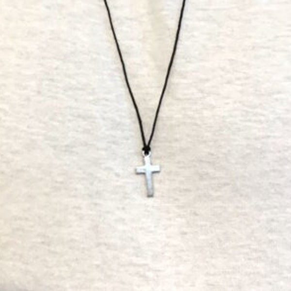 Masculine / Unisex Antique Silver Cross Charm Necklace on Stainless Steel Chain or Black Cotton Cord (with Adjustable Knots) - Free Shipping