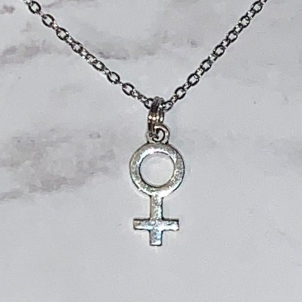 Statement Jewelry - Silver Tone Chain Necklace with Female Symbol or Venus Sign Charm - Girl Power, Feminism, Equal Rights - Free Shipping