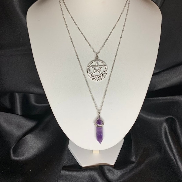 Tiered Double Layer Genuine Gemstone Crystal Necklace with Pentacle Pendant - Amethyst Aquamarine Carnelian Rose Quartz More - Free Shipping
