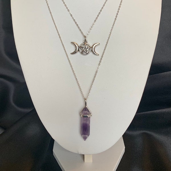 Tiered Double Layer Genuine Gemstone/Crystal Necklace w/ Triple Goddess Pendant - Amethyst Aquamarine Carnelian Rose Quartz - Free Shipping