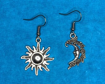 Celestial Jewelry: Mix & Match Earrings with Large Sun and Fancy Moon Face - Antique Silver Charms on Fishhook Earring Wires - Free Shipping