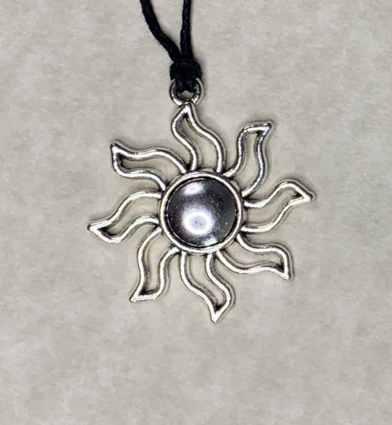 Celestial Jewelry: Antique Silver Sun Charm 5 Choices Necklace on Black Cotton Wax Cord with Two Adjustable Sliding Knots Free Shipping image 2