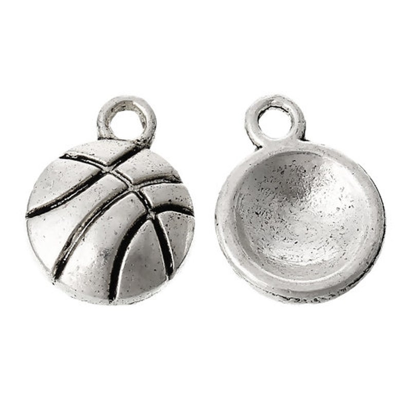 DIY Craft Jewelry Supplies 20 Basketball Themed Charms Small Basketball with Black Lines in Antique Silver Bulk Pricing
