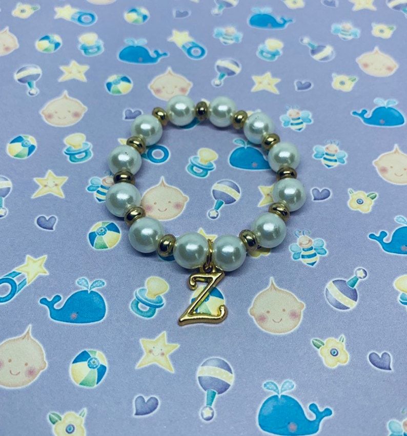 Photo Props Newborn or Toddler Easy OnOff White Acrylic Pearl Stretch Bracelet with Gold Accent Beads /& Initial Durable Personalized
