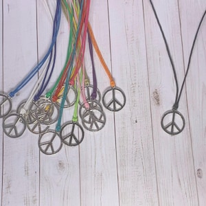 Symbolic Jewelry: Antique Silver Peace Sign Necklace / Choker on Stainless Steel or Adjustable 1mm Colored Cotton Wax Cord - Free Shipping