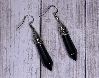 Genuine Natural Gemstone / Crystal Black Onyx Mini Bullet Shape Pendant Earrings w/ Fishhook Wires on Crystal Benefits Card - Free Shipping