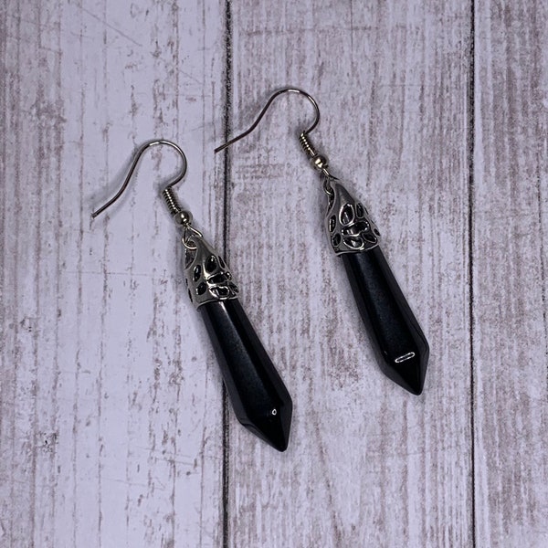 Genuine Natural Gemstone / Crystal Black Onyx Mini Bullet Shape Pendant Earrings w/ Fishhook Wires on Crystal Benefits Card - Free Shipping