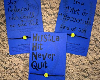 SPORTS CLEARANCE SALE Softball Bead Wish Bracelet on Royal Blue Inspirational Card - She Believed She Could, Dirt & Diamonds, or Hustle Hit