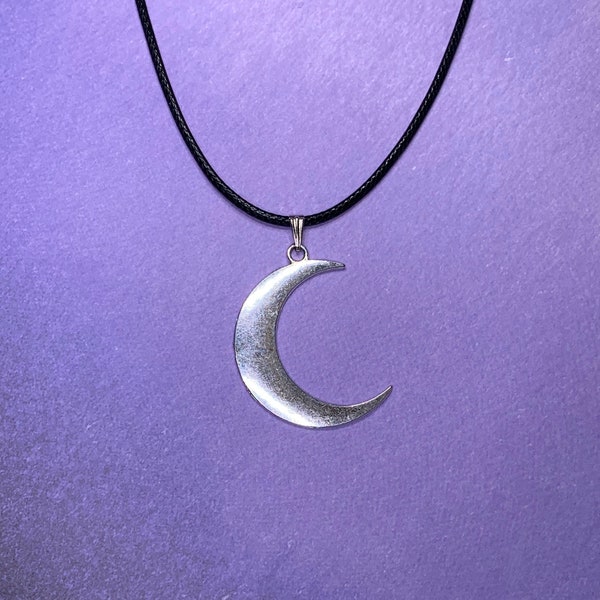 Celestial JewelryVery Large Antique Silver Zinc Alloy Crescent Moon Necklace (44mm) on Silver Tone Chain or Black Wax Cord - Free Shipping