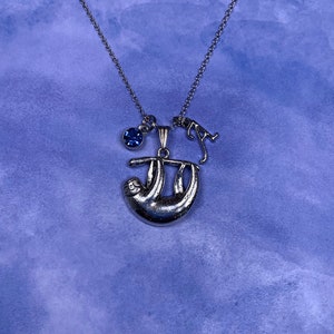 Animal Theme Jewelry: Tibetan Antique Silver Large Hanging Sloth Charm Necklace w/ Optionsl Personalize Initial & Birthstone - Free Shipping