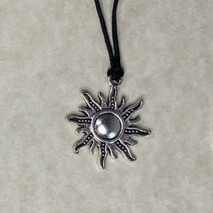 Celestial Jewelry: Antique Silver Sun Charm 5 Choices Necklace on Black Cotton Wax Cord with Two Adjustable Sliding Knots Free Shipping image 4