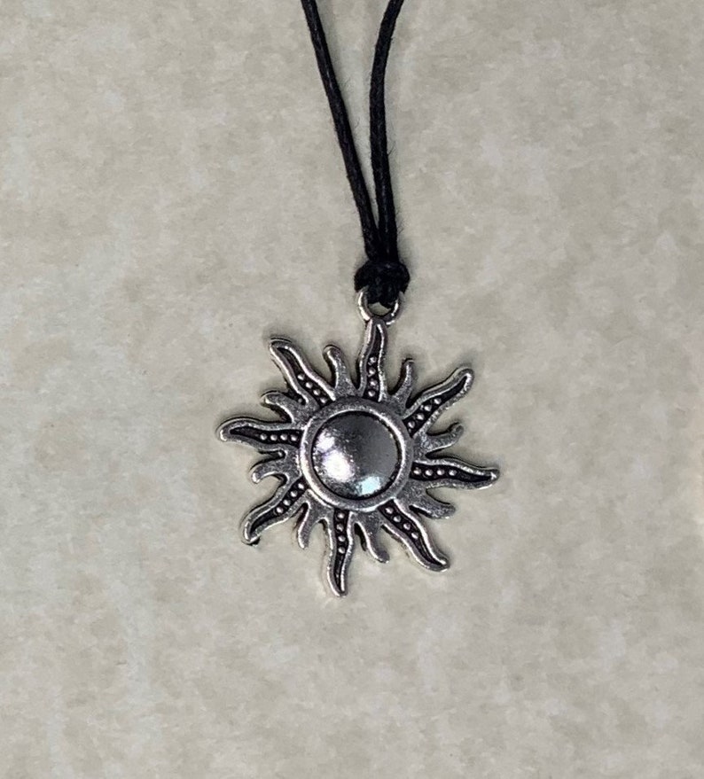 Celestial Jewelry: Antique Silver Sun Charm 5 Choices Necklace on Black Cotton Wax Cord with Two Adjustable Sliding Knots Free Shipping image 4