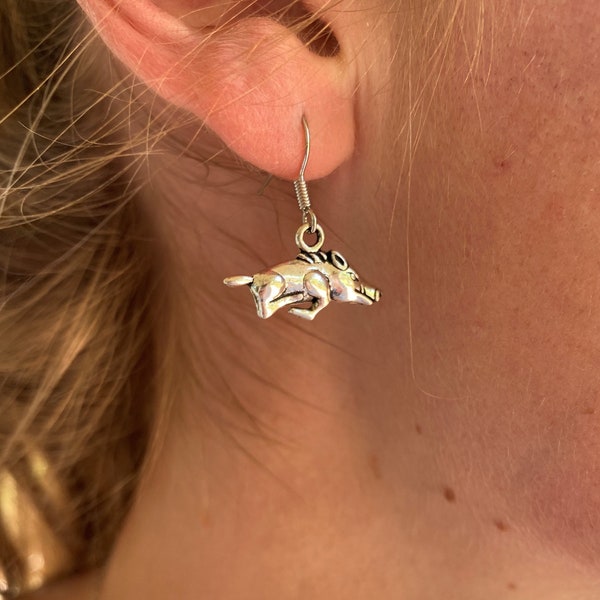 Animal Theme Jewelry: Tibetan Antique Silver Wild Boar or Razorback on Fishhook Earrings or Necklace with Chain or Cording - Free Shipping
