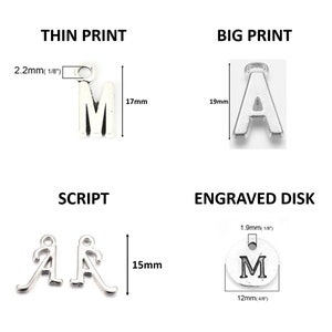 May include: Four different styles of metal letter charms for jewelry making. The charms are in the styles "Thin Print", "Big Print", "Script", and "Engraved Disk". The charms are silver in color and feature the letters "M" and "A".