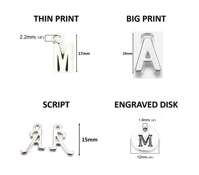 May include: Four different styles of metal letter charms for jewelry making. The charms are in the styles "Thin Print", "Big Print", "Script", and "Engraved Disk". The charms are silver in color and feature the letters "M" and "A".