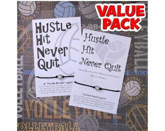 SPORTS CLEARANCE SALE Black & White Wish Bracelet w/ Acrylic Volleyball Bead on Inspirational "Hustle Hit Never Quit" Inspirational Card