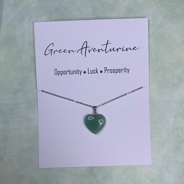 Genuine Natural Crystal Gemstone Green Aventurine Heart Pendant Necklace on Stainless Steel Chain and Inspirational Card - Free Shipping