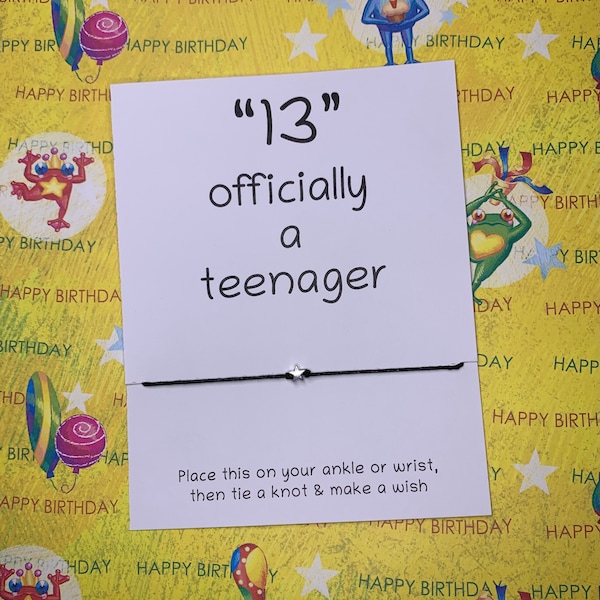 Words "13 Officially a Teenager" on Inspirational Birthday Card with Wish Bracelet or Anklet and Small Silver Tone Star Bead - Free Shipping