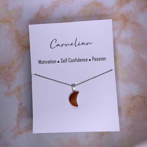 Genuine Carnelian Crystal Thin Crescent Moon Shape Gemstone Pendant (24x12mm) on 18" Stainless Steel Chain Necklace - Free Shipping