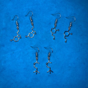 Science Jewelry - Neurotransmitter Molecule Earrings on Fishhook Ear Wires: Serotonin, Dopamine, or Acetylcholine Charm - Free Shipping