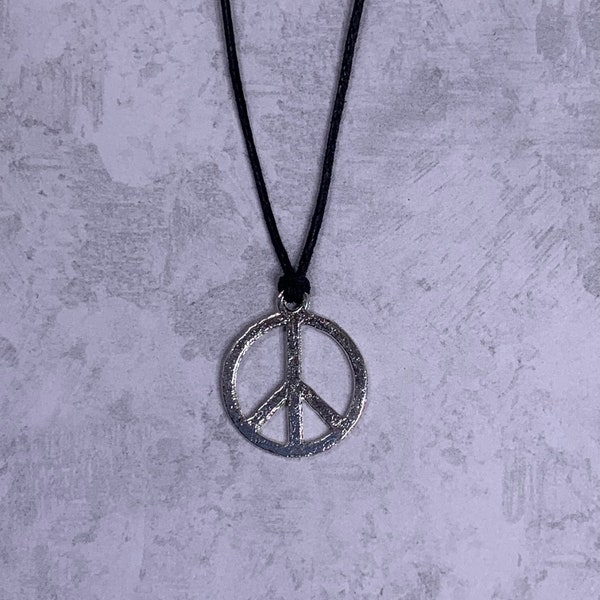 Symbolic Jewelry: Antique Silver Peace Sign Necklace / Choker on Stainless Steel or Adjustable 1mm Black Cotton Wax Cord - Free Shipping