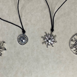 Celestial Jewelry: Antique Silver Sun Charm 5 Choices Necklace on Black Cotton Wax Cord with Two Adjustable Sliding Knots Free Shipping image 1