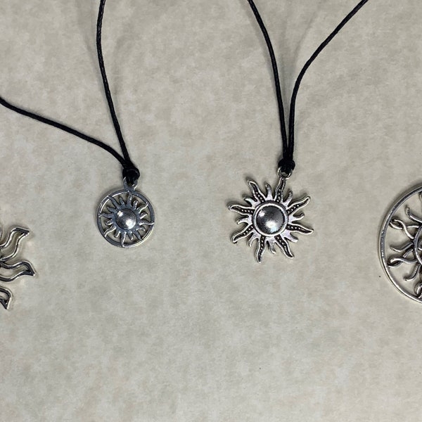 Celestial Jewelry: Antique Silver Sun Charm (5 Choices) Necklace on Black Cotton Wax Cord with Two Adjustable Sliding Knots - Free Shipping