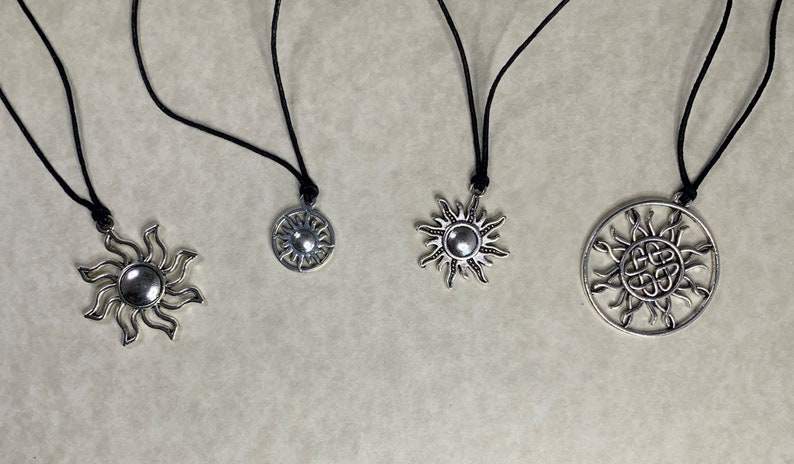 Celestial Jewelry: Antique Silver Sun Charm 5 Choices Necklace on Black Cotton Wax Cord with Two Adjustable Sliding Knots Free Shipping image 1