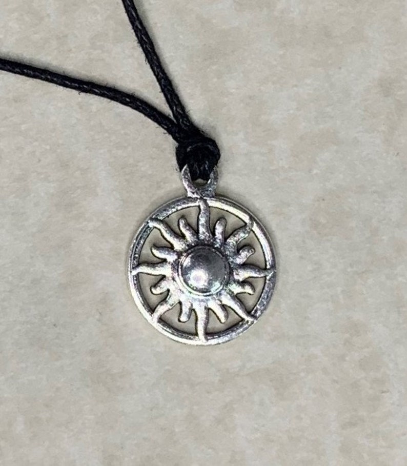 Celestial Jewelry: Antique Silver Sun Charm 5 Choices Necklace on Black Cotton Wax Cord with Two Adjustable Sliding Knots Free Shipping image 3