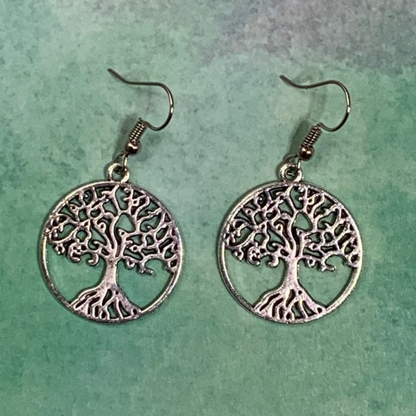 Symbolic or Nature Jewelry - Large Tree of Life Fishhook Dangle Earrings in Circle - Antique Silver Charms of Zinc Alloy - Free Shipping