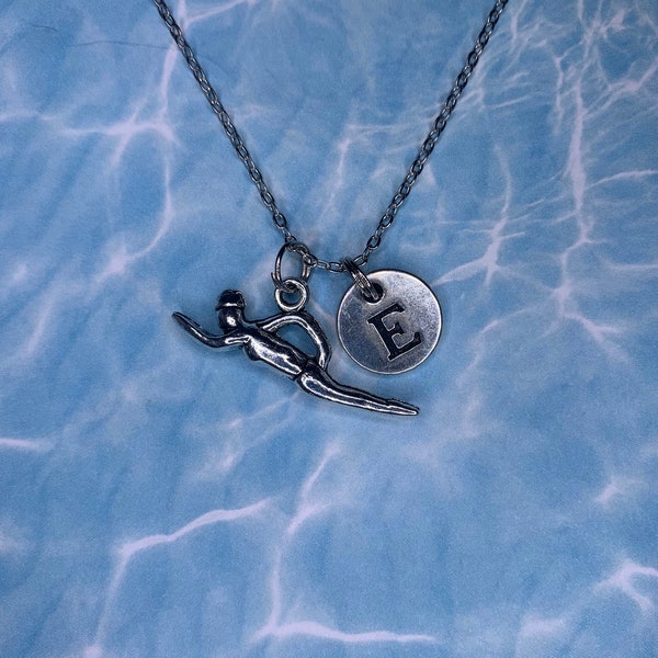 Sports Jewelry: Swimmer "Swimming" Charm Necklace on Stainless Steel Chain - Personalize with Initial Charm or Birthstone - Free Shipping