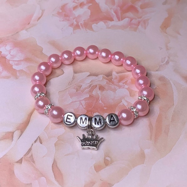 Elegant Pink Pearl Personalized Name Bracelet with Princess Crown Charm - Great Gift Idea for Young Girls - Dress-Up or Birthday Party Favor