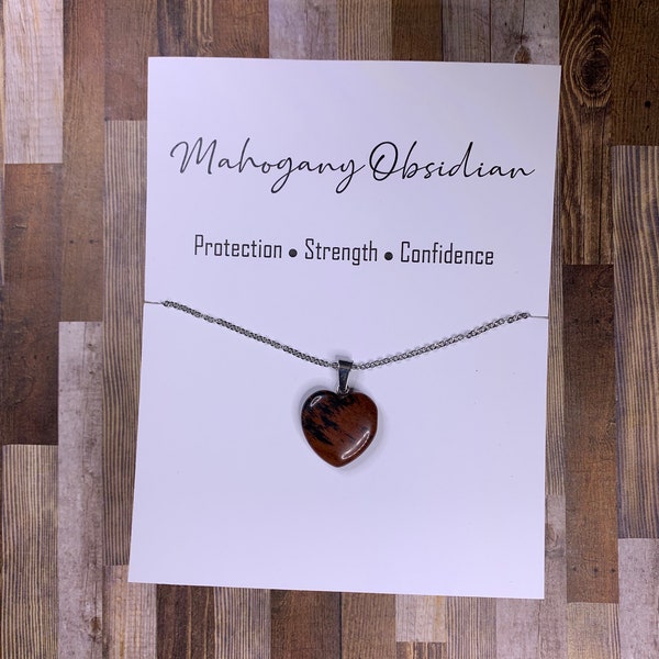 Genuine Natural Mahogany Obsidian Crystal Gemstone Heart Shaped Pendant Necklace on Stainless Steel Chain or Cotton Cording - Free Shipping