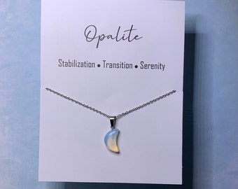 Genuine Crystal Opalite Gemstone Thin Crescent Moon Shape Pendant (24x12mm) Necklace on 18” Stainless Steel Chain - Free Shipping