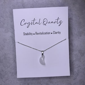 Genuine Gemstone Crystal Quartz Thin Crescent Moon Shape Pendant (24x12mm) on 18” Stainless Steel Chain Necklace and Card - Free Shipping