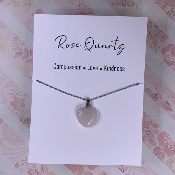 Genuine Natural Gemstone Crystal Necklace with Rose Quartz Heart Shape Pendant, Steel Chain or Cotton Cord & Inspiring Card - Free Shipping