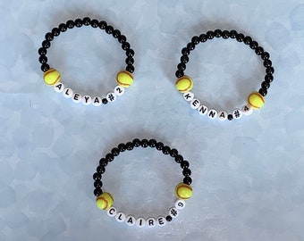 Sports Jewelry: Beaded Bracelet (6mm) with Custom Name, Player Jersey Number, and Softball Sport Beads (12mm) - Bulk Discount Team Pricing