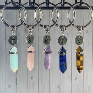 Genuine Gemstone Crystal Key Chain & Personalized Initial Letter: Amethyst, Aquamarine, Carnelian, Opalite, Rose Quartz, Etc - Free Shipping