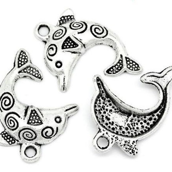 DIY Craft Supplies: Sea Animal or Ocean Life - Twenty (20) Large Patterned Dolphin Charms - Antique Silver Tone - Make Your Own Jewelry