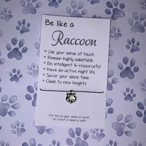Animal Jewelry: Inspriational “Be Like a Racoon” Card w/ Silver Tone Racoon/Raccoon Face Charm Wish Bracelet on 1mm Black Cotton Cording